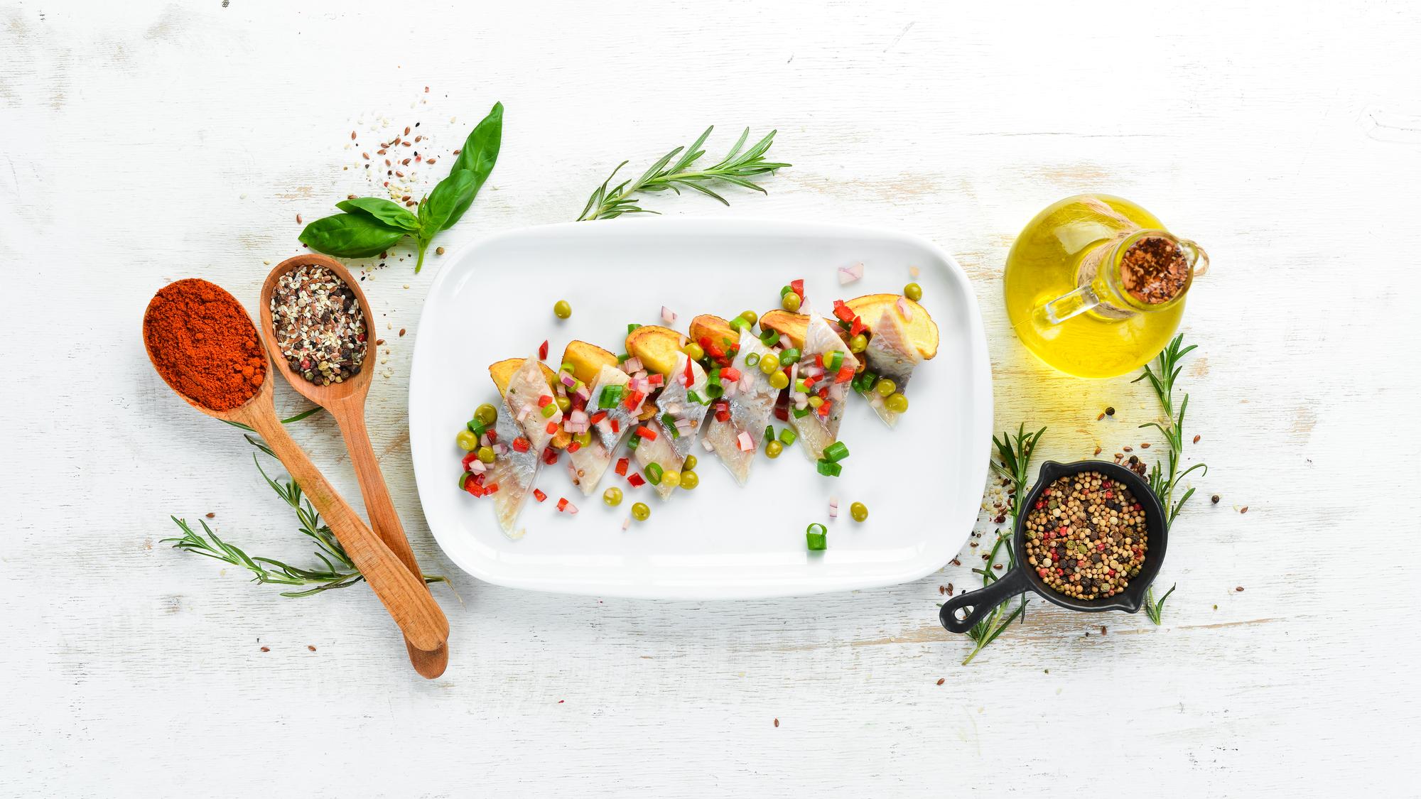 Set of plated dishes on a wooden table